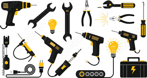 Assortment of electrical tools and components with light bulbs drill screwdriver