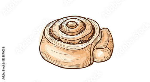 Delicious hand-drawn cinnamon roll illustration, showcasing its iconic swirl and sweet filling, perfect for a breakfast or dessert theme.