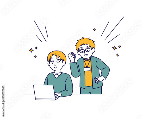 パソコンを教える若者のイメージイラスト
