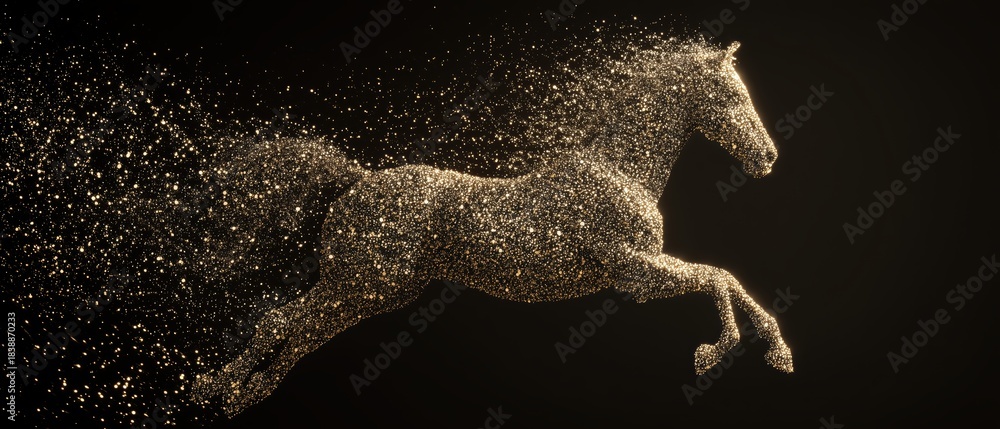 Fototapeta premium Golden particle horse leaping in motion on a dark luxury background, creating an elegant abstract silhouette ideal for Year of the Horse 2026 designs.