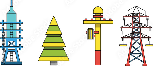 Assortment of Stylized Electrical Towers and a Christmas Tree Shape electricity pylon