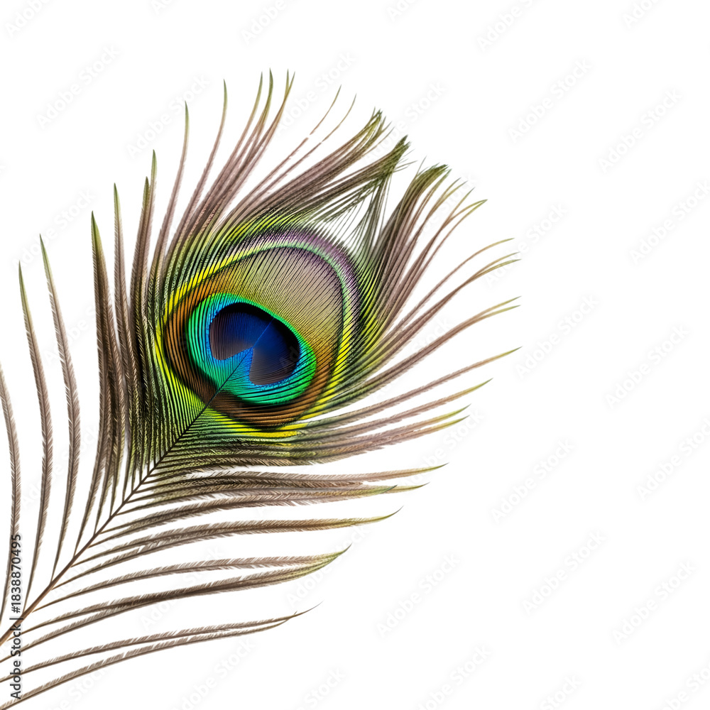 Fototapeta premium Close up of a vibrant peacock feather displaying iridescent colors against a black background