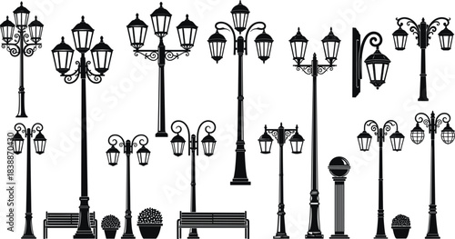 Black silhouette collection of ornate street lamps benches and potted plants lamppost vintage