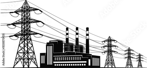 Black Silhouette of a Power Plant with Electricity Pylons and Wires factory industrial