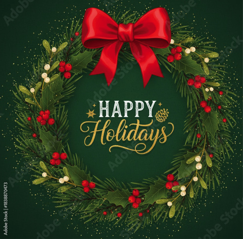 Happy holidays lettering with festive baubles, elegant hand drawn holiday typography design decorated with Christmas ornaments, seasonal winter celebration text, stylish holiday greeting illustration 