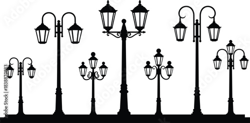 Collection of black silhouette vintage street lamps with multiple lanterns lamppost antique