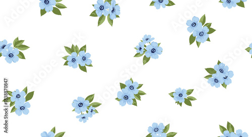 Seamless pattern with delicate light blue flowers and green leaves scattered on a white background, creating a fresh and gentle floral design.