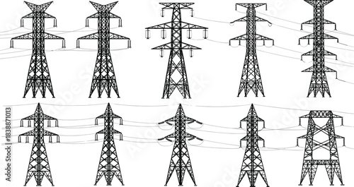 Collection of Black Silhouettes of High Voltage Power Line Towers on White Background Keywords: power tower, electricity, high