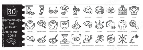 Ophthalmology , Vision Care Vector Icon Set. Eye, Eyeglasses, and Optic Symbols, Eye Health ,Optical Clinic Icons . Sight, Lenses, and Ophthalmologist Logos, Optician , Eye wear Illustration Pack.