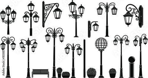 Collection of Black Silhouettes of Vintage Street Lamps and Park Bench lamppost antique