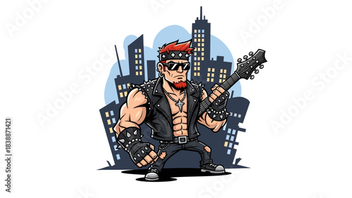 Cartoon vector illustration of a fantasy woman warrior playing guitar in rock style