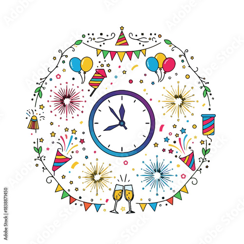 Happy New Year's Eve celebration with fireworks, balloons, party poppers, and champagne, marking the midnight countdown to the new year