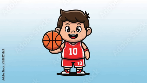 A cartoon boy in a red basketball uniform holding a basketball and smiling cheerfully.