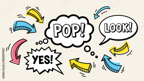 A collection of comic book style speech bubbles and arrows with words like POP, LOOK, and YES.
