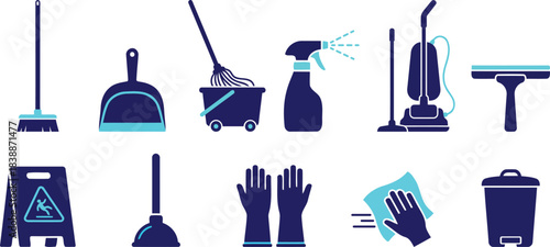 Professional flat design icons showcasing essential janitorial cleaning equipment and safety tools.