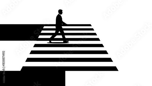 A minimalist black and white graphic illustration of a man in a suit walking across a zebra crossing with a strong sense of perspective.