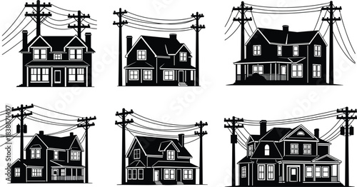 Collection of six black and white house silhouettes with utility poles and wires houses homes