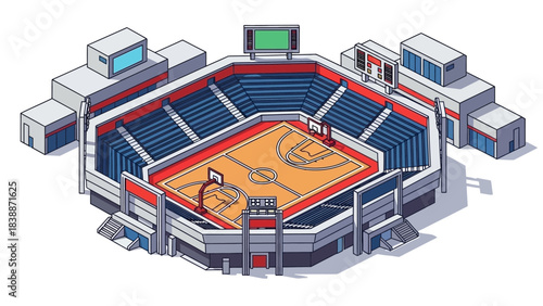 Isometric view of a modern basketball arena with seating, court, and scoreboard.