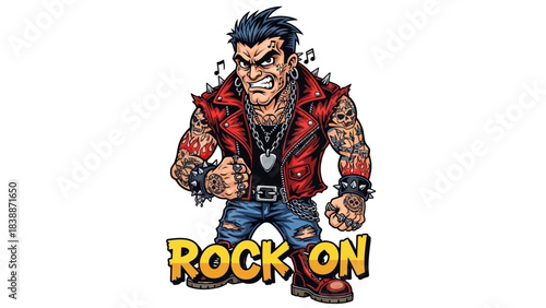 A cartoon illustration of a tough-looking punk rocker with tattoos and a leather jacket, striking a powerful pose with the words "ROCK ON" below him.