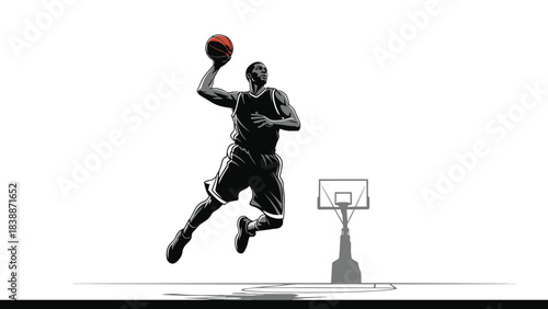 Dynamic silhouette of a basketball player in mid-air, performing a powerful slam dunk with a basketball against a white background.