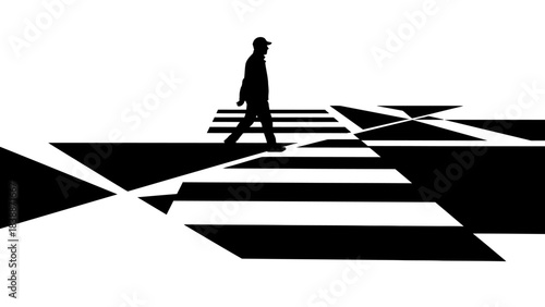 A lone figure walks across a stylized, abstract crosswalk with sharp geometric shapes.