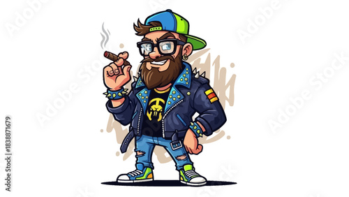 A cartoon illustration of a cool bearded man wearing a leather jacket, glasses, and a backward cap, smoking a cigar.
