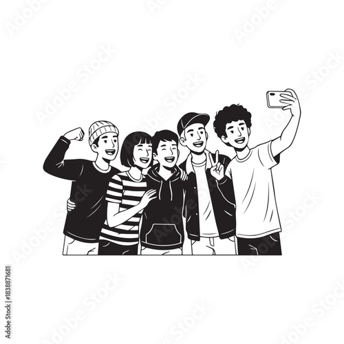 Vector line drawing of group of friends taking a selfie. Minimalist illustration of happy teenagers posing with smartphone.
