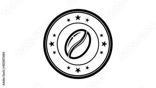 A minimalist black and white circular stamp featuring a prominent coffee bean at its center, surrounded by a ring of stars.