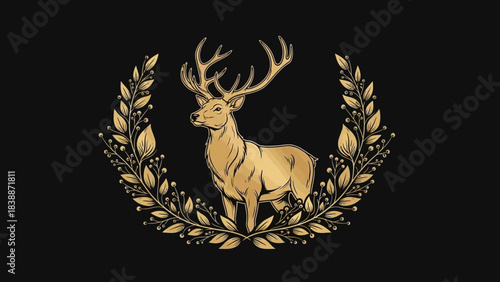 A majestic golden stag stands proudly within a decorative laurel wreath on a dark background.