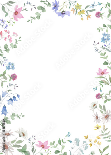 Watercolor floral frame with wildflowers. Botanical border. Hand drawn illustration. Vector EPS.