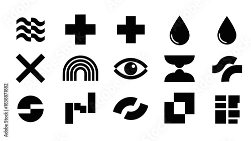 A collection of 15 black abstract geometric and symbolic icons arranged in a 3x5 grid on a white background.
