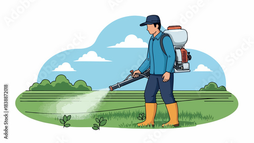 Farmer spraying pesticide in field with cloudy sky