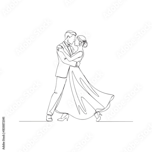 Continuous line drawing of wedding couple dancing. Vector minimalist bride and groom waltz illustration.
