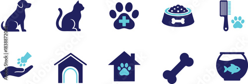This collection of minimalist graphic pet icons represents dog and cat care and veterinary services.