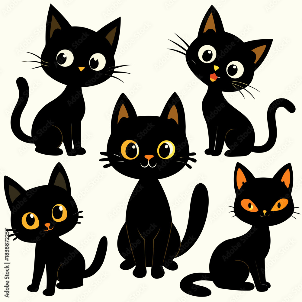 Fototapeta premium Collection of cute cartoon black cats with big eyes