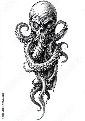 Dark tentacled skull creature illustrated in detailed black and white line art. Mythical horror concept artwork.
