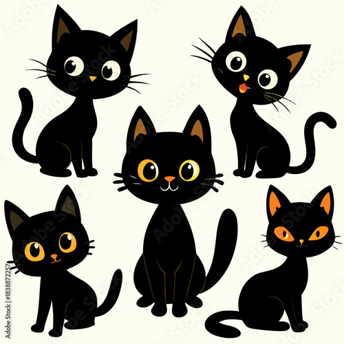 Collection of cute cartoon black cats with big eyes