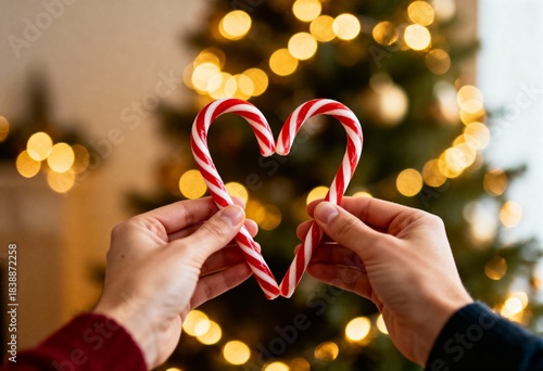 Two hands holding candy canes forming a heart shape in front of a glowing Christmas tree.