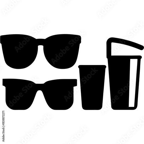 Black silhouette icons of sunglasses and cups on a white background