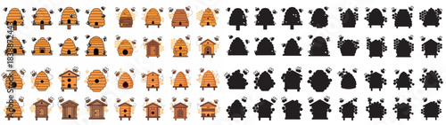 Beehives and bees collection with transparent background