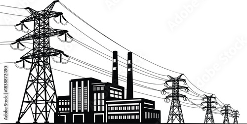Industrial Power Plant With High Voltage Transmission Towers and Power Lines factory electricity