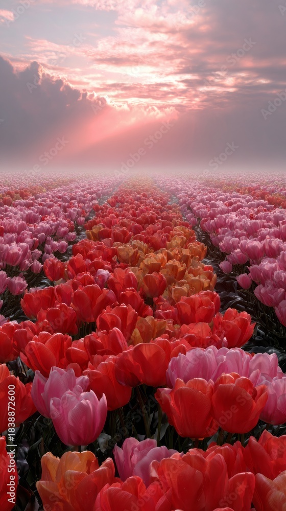 Fototapeta premium A vast field of colorful tulips stretches endlessly, their vivid red and pink hues contrasting against a soft sunset. The scene evokes a sense of tranquility and beauty, inviting wanderers to explore