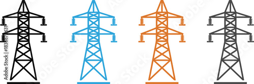 Four Electrical Transmission Towers in Different Colors electricity pylon