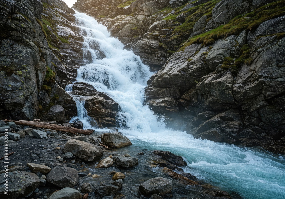 Obraz premium A powerful torrent of frigid, clear meltwater rushes vigorously down the rugged slopes from the high mountain summit, carving through ancient rock ,dramatic ,river ,cold