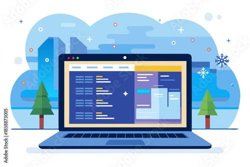 Flat vector illustration of laptop with interface on screen in winter outdoor setting with snowflakes and trees