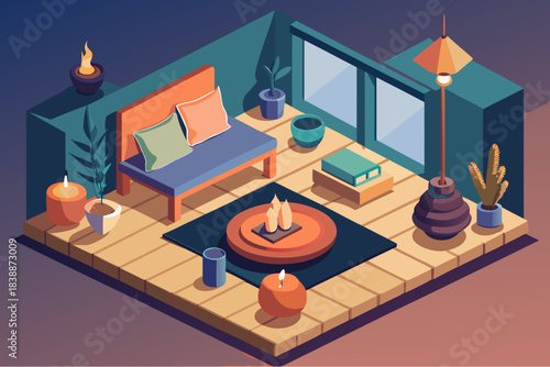 Isometric cozy interior with bench, fireplace, candles, pillows and plants in warm minimalist style