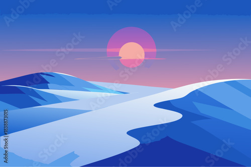 Minimal vector illustration of snowy hills at sunset with smooth gradients, pink sky and abstract winter landscape