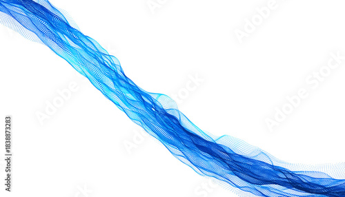 Abstract digital blue wave composed of glowing particles flowing dynamically across a stark representing data streams or fluid motion on white background