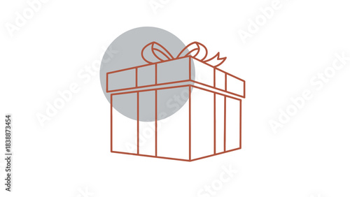Minimalist line art icon depicting a wrapped gift box with a bow, set against a subtle gray circular background
