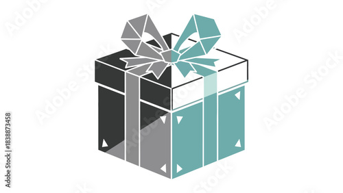 Adobe Illustrator Geometric stylized illustration of a wrapped gift box with a large bow, featuring shades of gray and teal